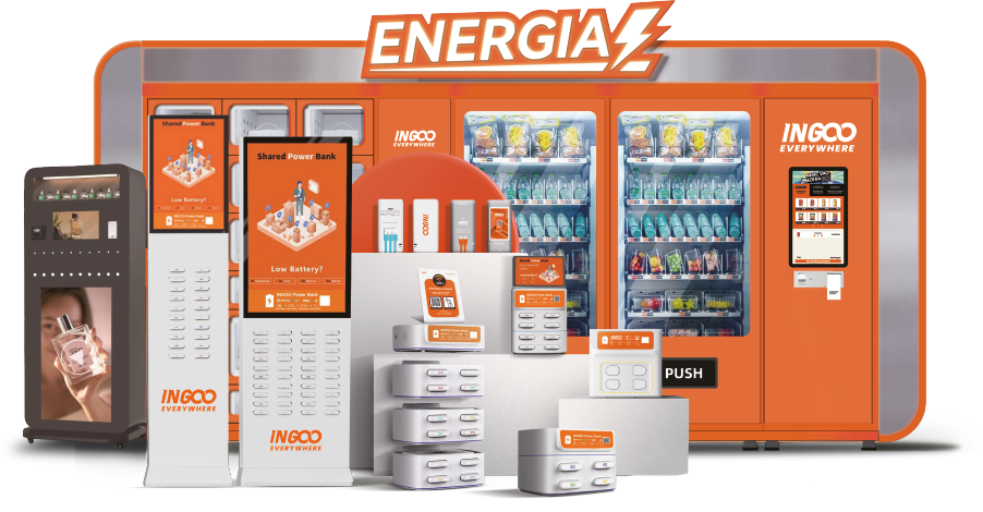 Linha de equipamentos Ingoo: totens de power bank, vending machines e telas de mídia
